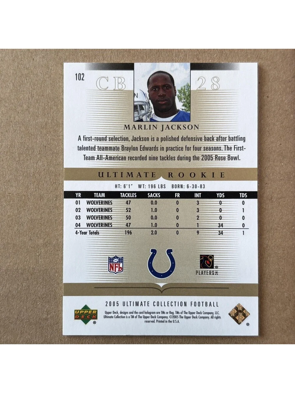 2005 Upper Deck Ultimate Collection Marlin Jackson Rookie #102 /235 Colts